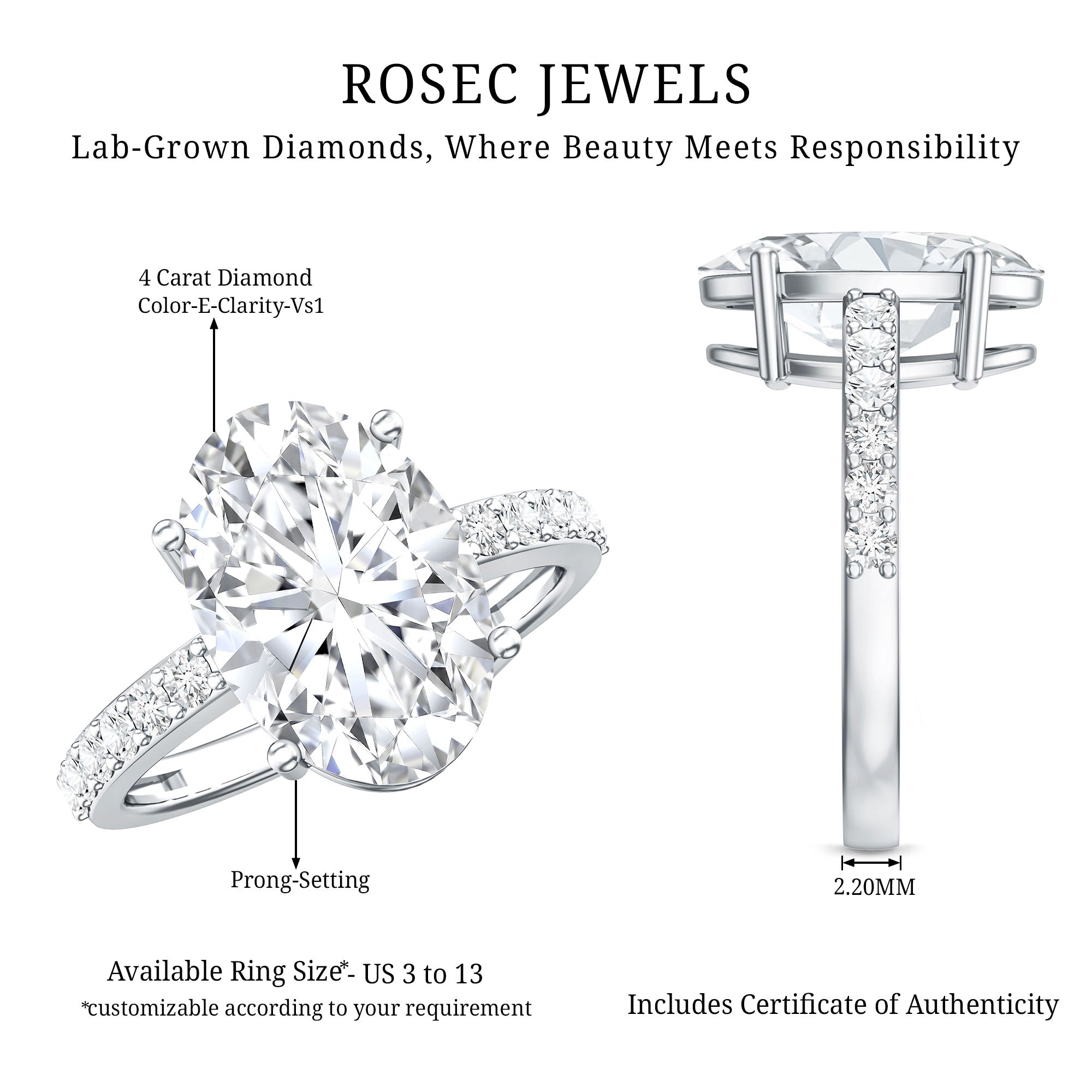 IGI Certified 4 Carat Oval Lab Grown Diamond Huge Engagement Ring