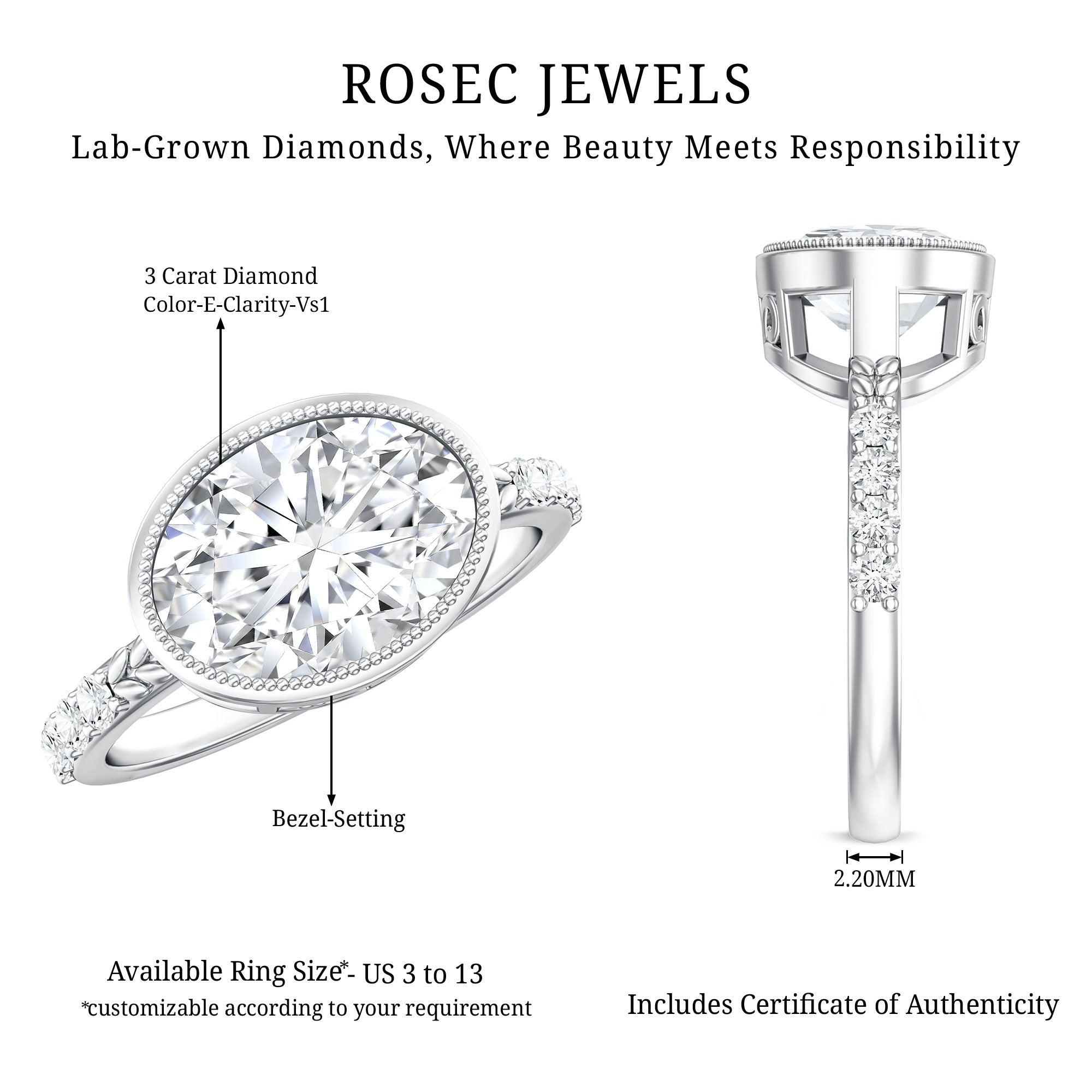 3 Carat Big Lab Grown Diamond Bezel Set Engagement Ring with IGI Certificate