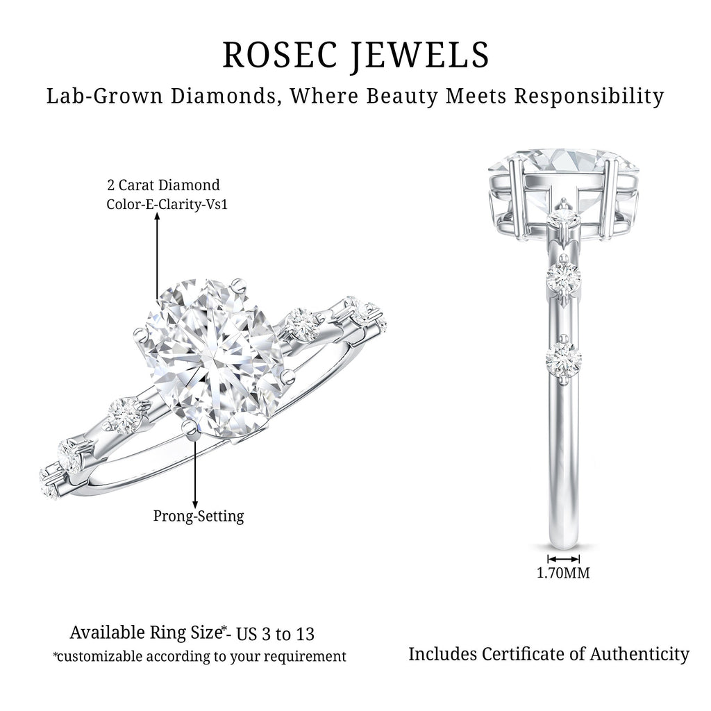 IGI Certified 2 Carat Lab Grown Diamond Oval Engagement Ring with Spaced Accent