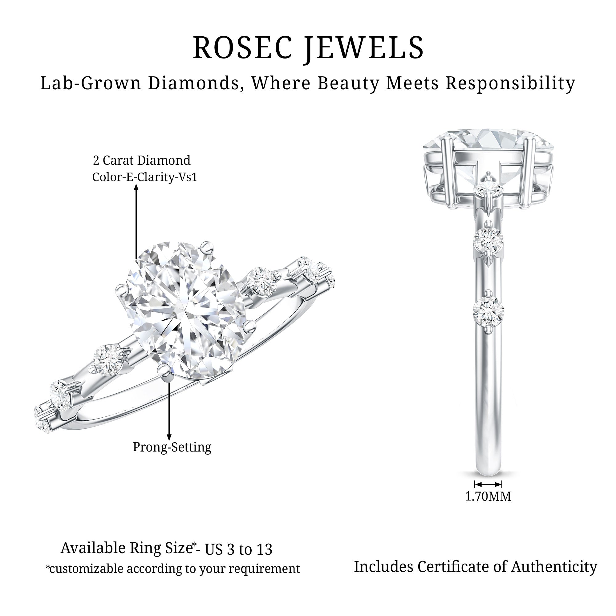 IGI Certified 2 Carat Lab Grown Diamond Oval Engagement Ring with Spaced Accent