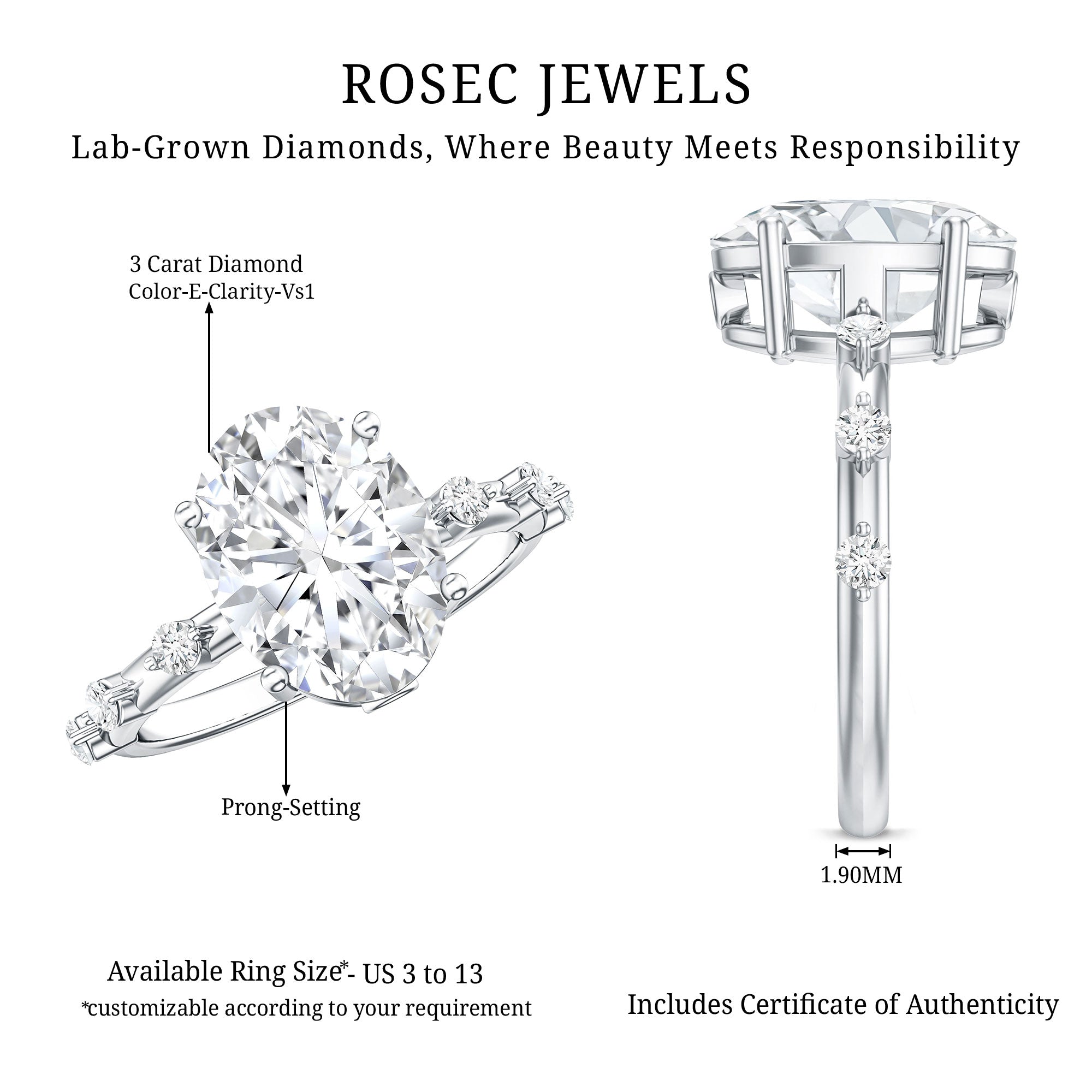 3 Carat Oval Lab Grown Diamond Solitaire Engagement Ring with IGI Certificate