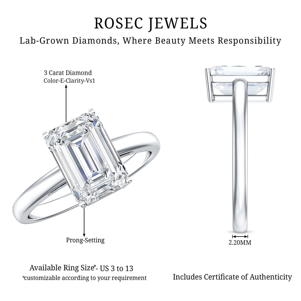 IGI Certified Emerald Cut Lab Grown Diamond 3 Carat Engagement Ring