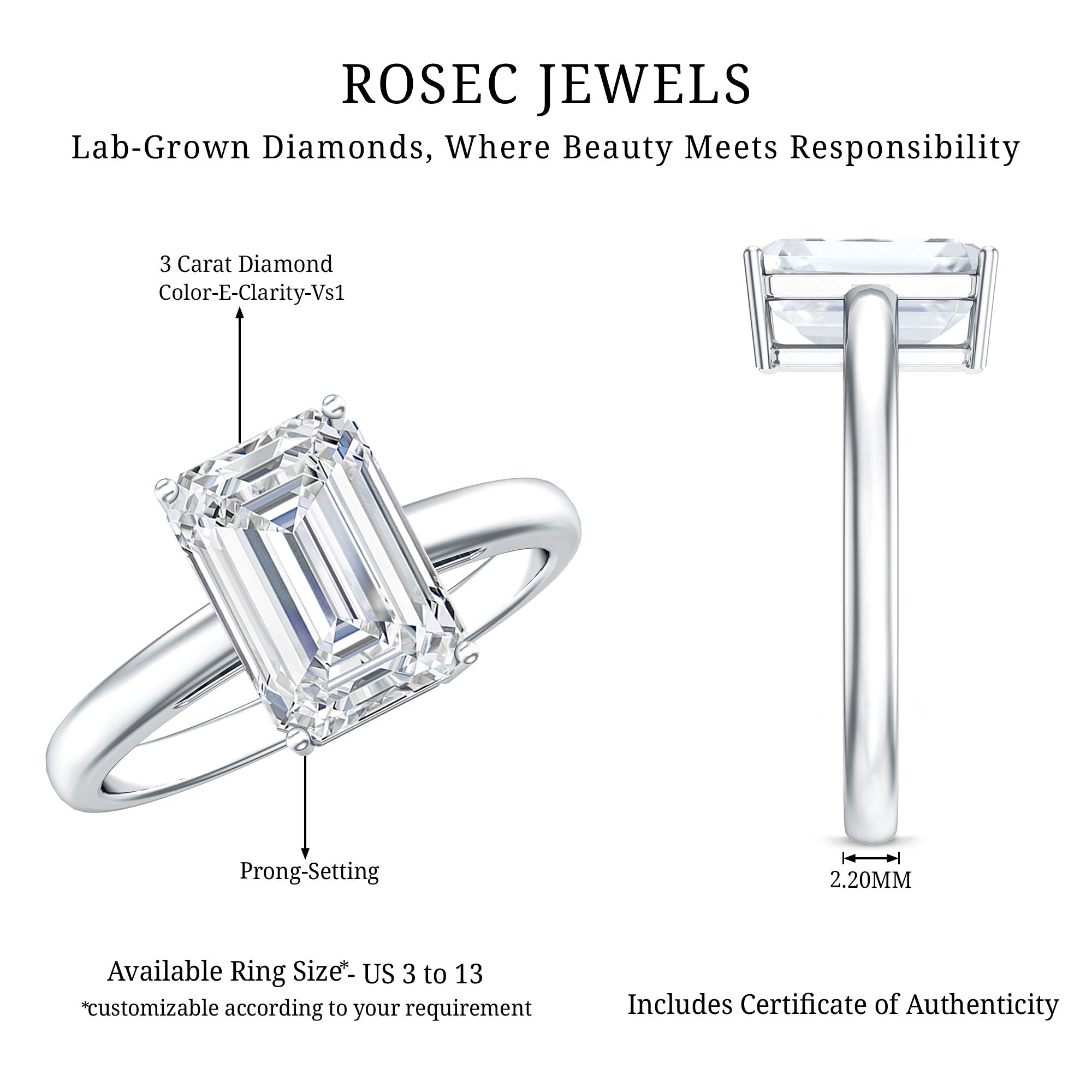 IGI Certified Emerald Cut Lab Grown Diamond 3 Carat Engagement Ring
