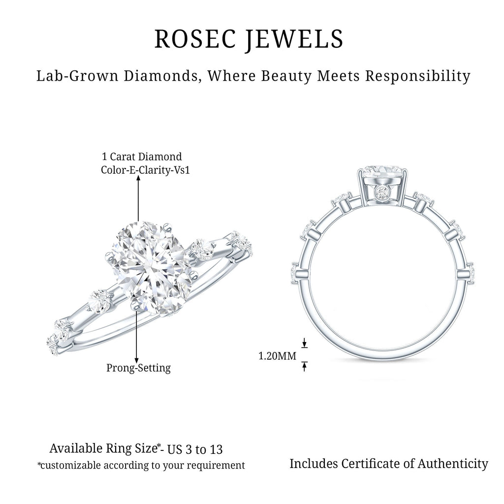 IGI Certified 1 Carat Oval Lab Grown Diamond Engagement Ring with Spaced Accent