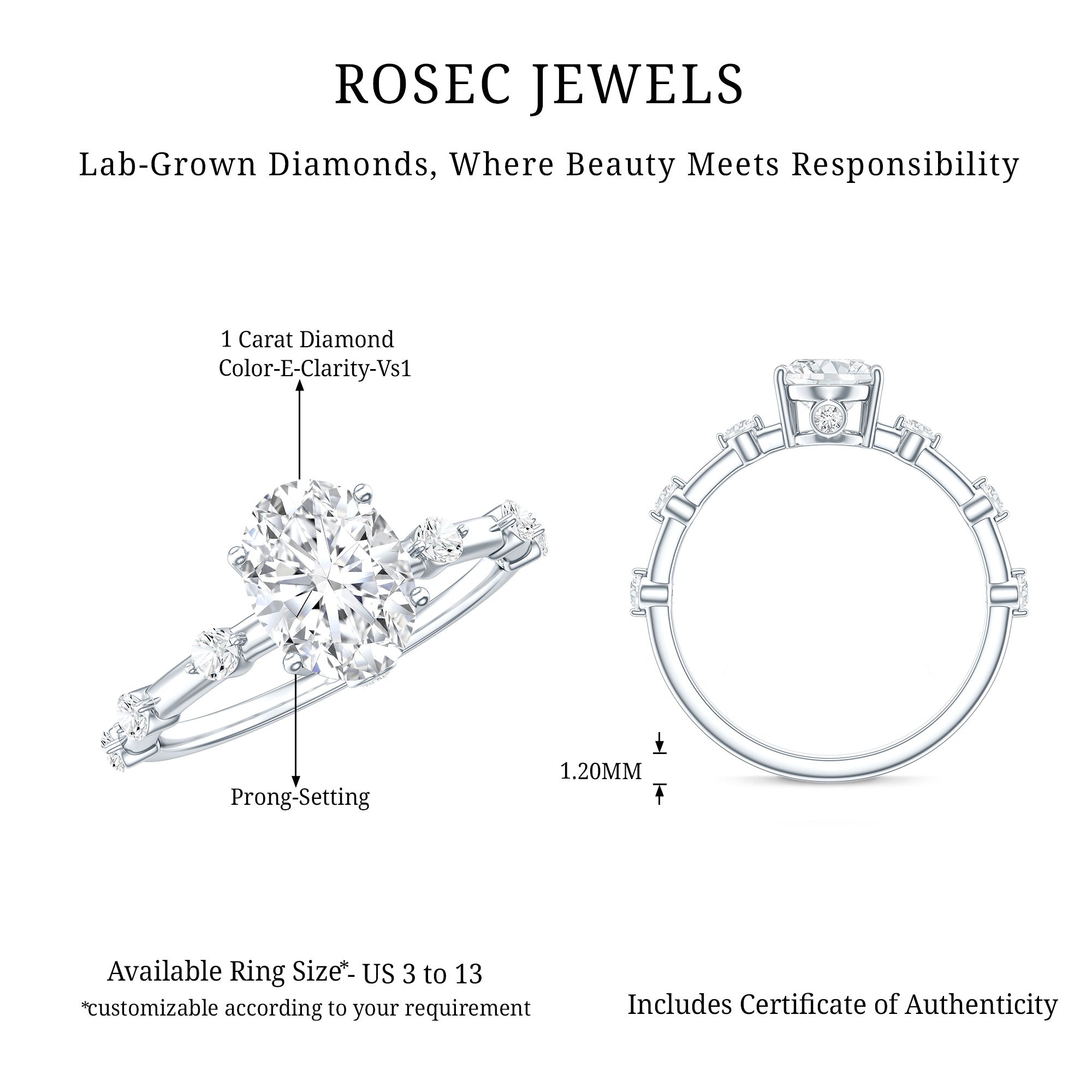 IGI Certified 1 Carat Oval Lab Grown Diamond Engagement Ring with Spaced Accent