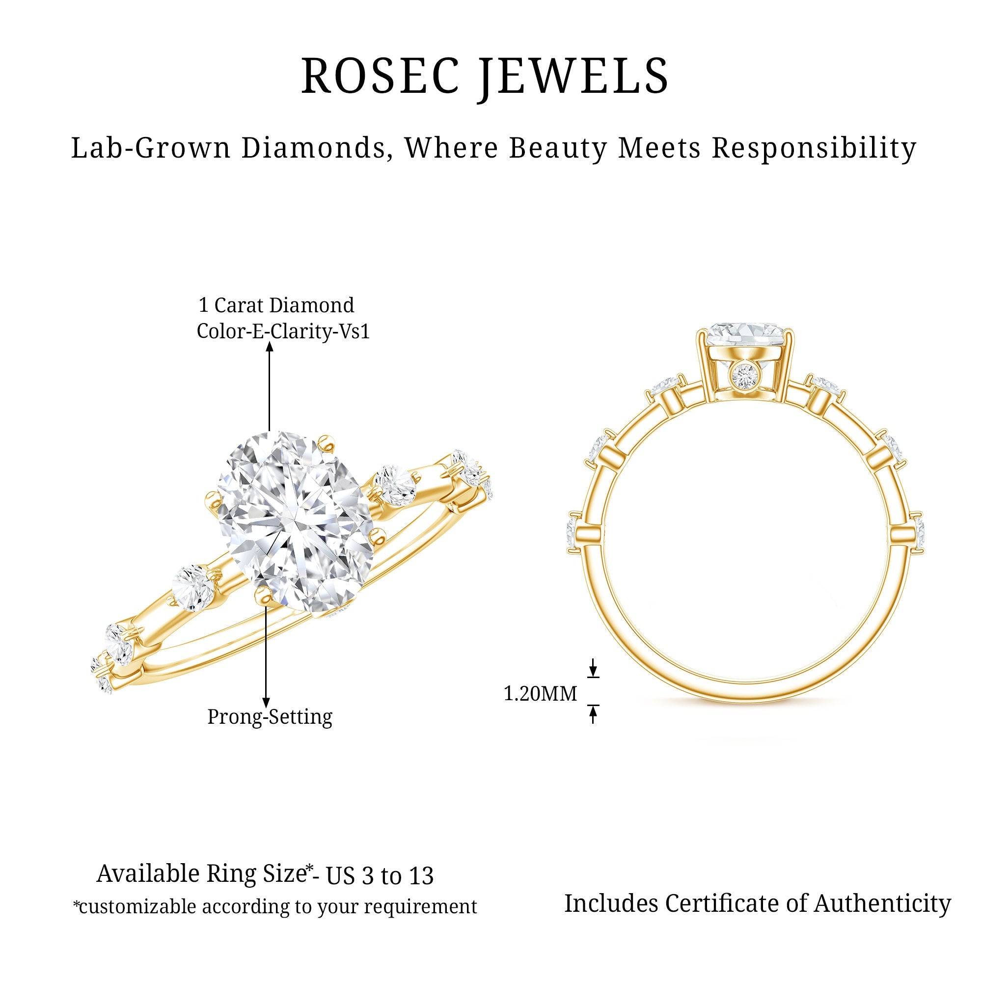 IGI Certified 1 Carat Oval Lab Grown Diamond Engagement Ring with Spaced Accent