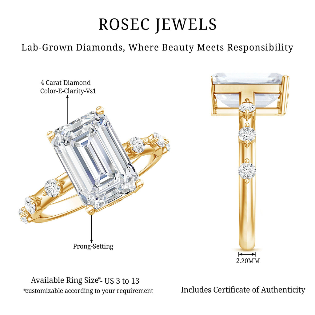 IGI Certified 4 Carat Lab Grown Emerald Cut Diamond Engagement Ring with Spaced Accent