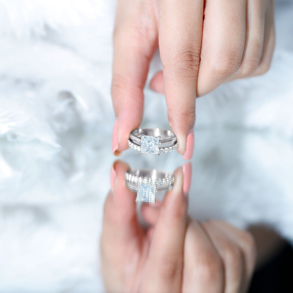 IGI Certified 3 Carat Lab Grown Diamond Princess Cut Wedding Ring Set for Women