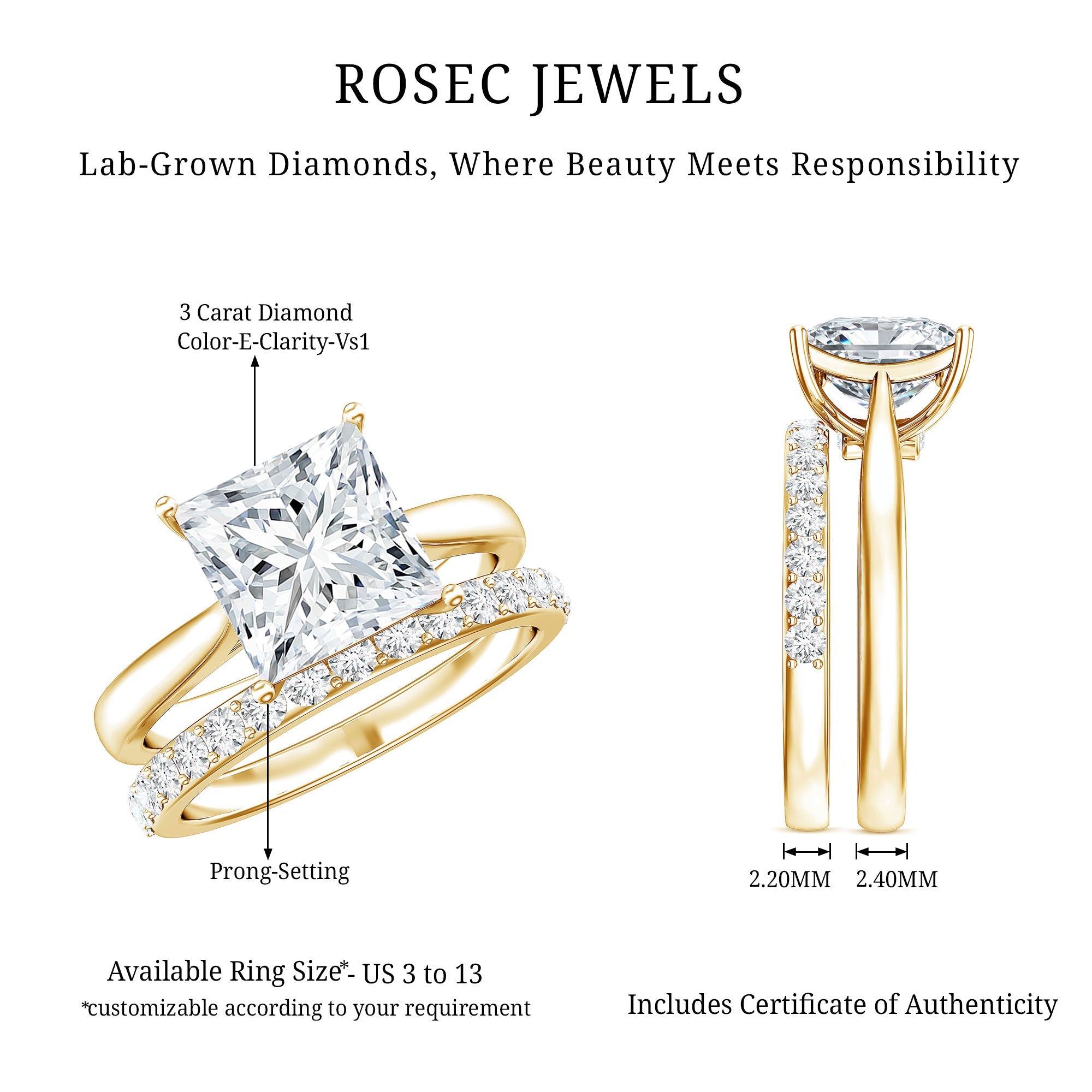IGI Certified 3 Carat Lab Grown Diamond Princess Cut Wedding Ring Set for Women