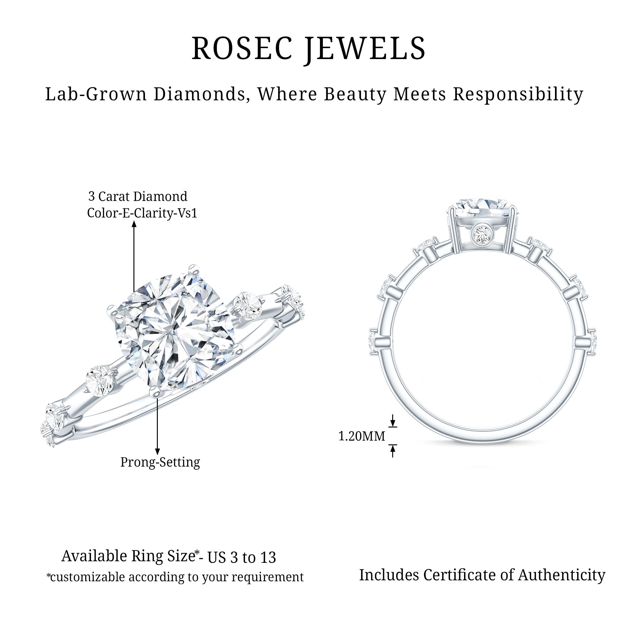 3 Carat IGI Certified Lab Grown Diamond Cushion Cut Engagement Ring for Women