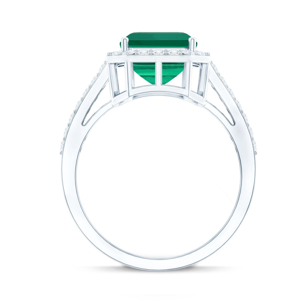 Lab Grown 3 Carat Emerald Cut Emerald Engagement Ring with Diamond Halo