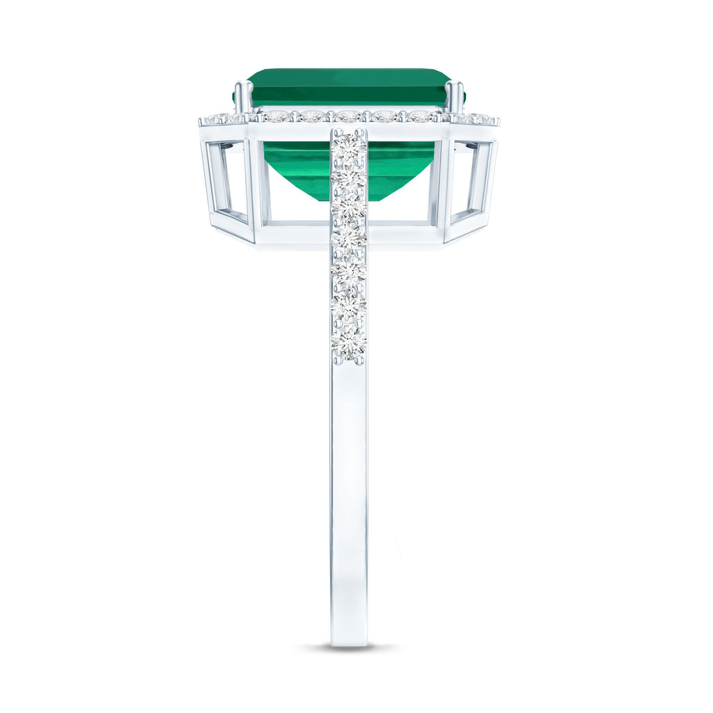 Lab Grown 3 Carat Emerald Cut Emerald Engagement Ring with Diamond Halo