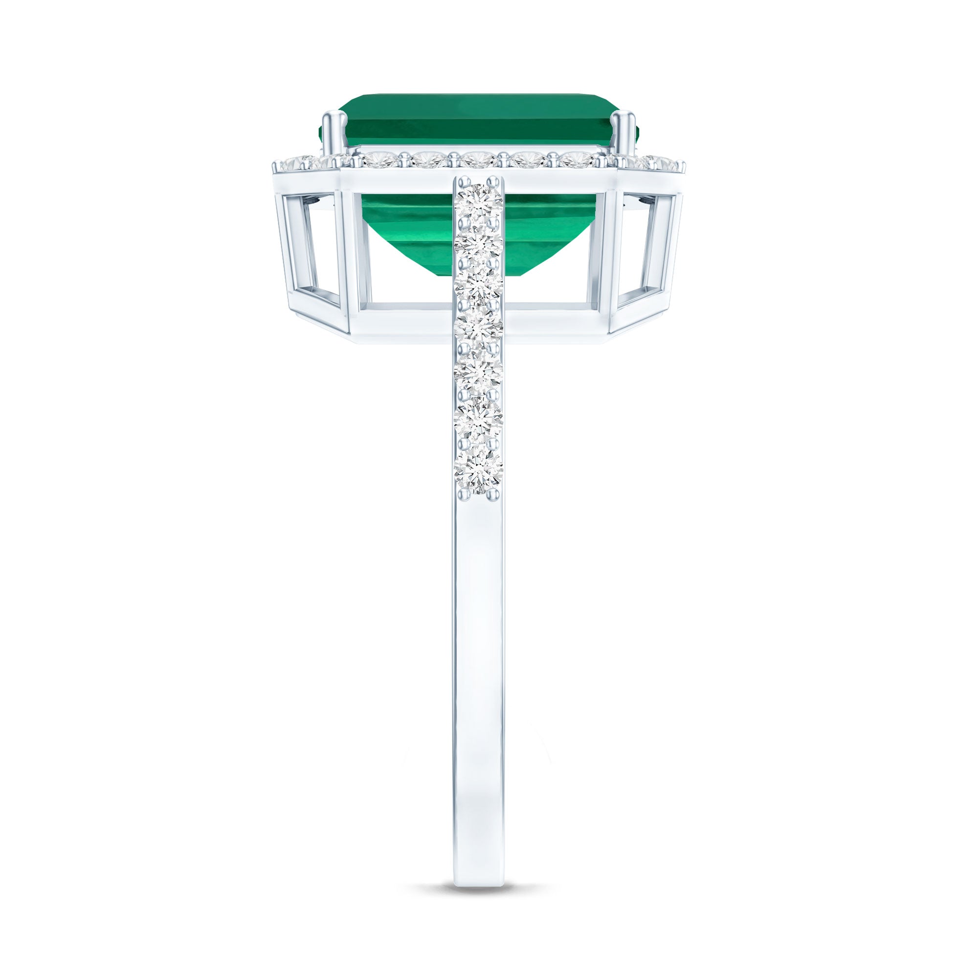 Lab Grown 3 Carat Emerald Cut Emerald Engagement Ring with Diamond Halo