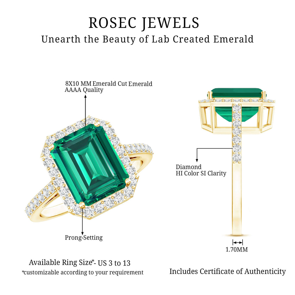 Lab Grown 3 Carat Emerald Cut Emerald Engagement Ring with Diamond Halo