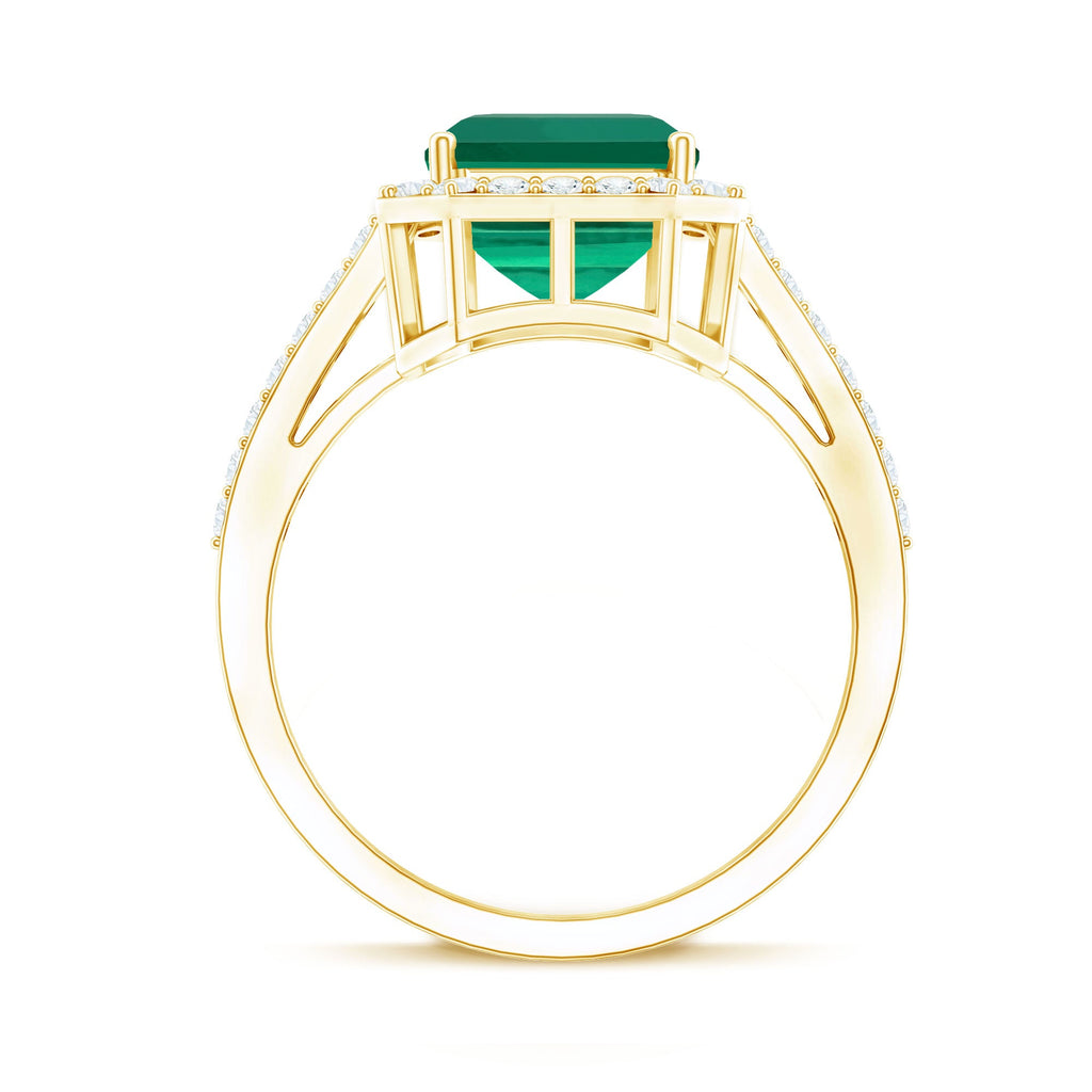Lab Grown 3 Carat Emerald Cut Emerald Engagement Ring with Diamond Halo