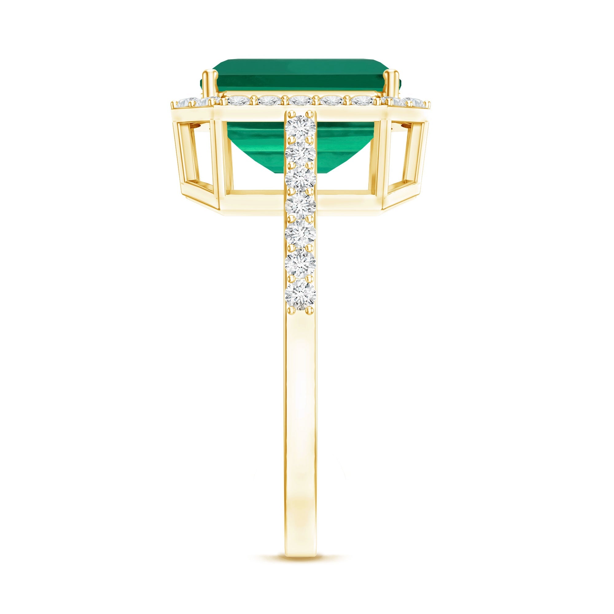 Lab Grown 3 Carat Emerald Cut Emerald Engagement Ring with Diamond Halo