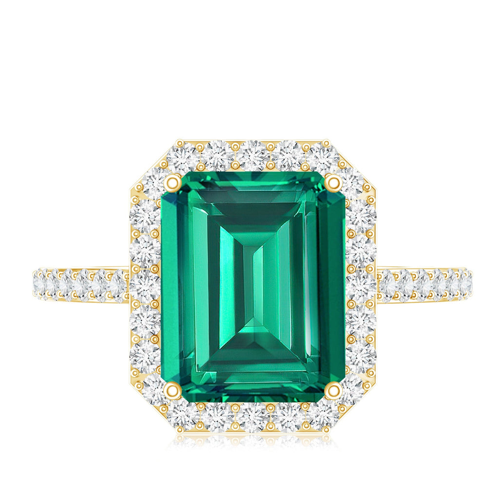 Lab Grown 3 Carat Emerald Cut Emerald Engagement Ring with Diamond Halo