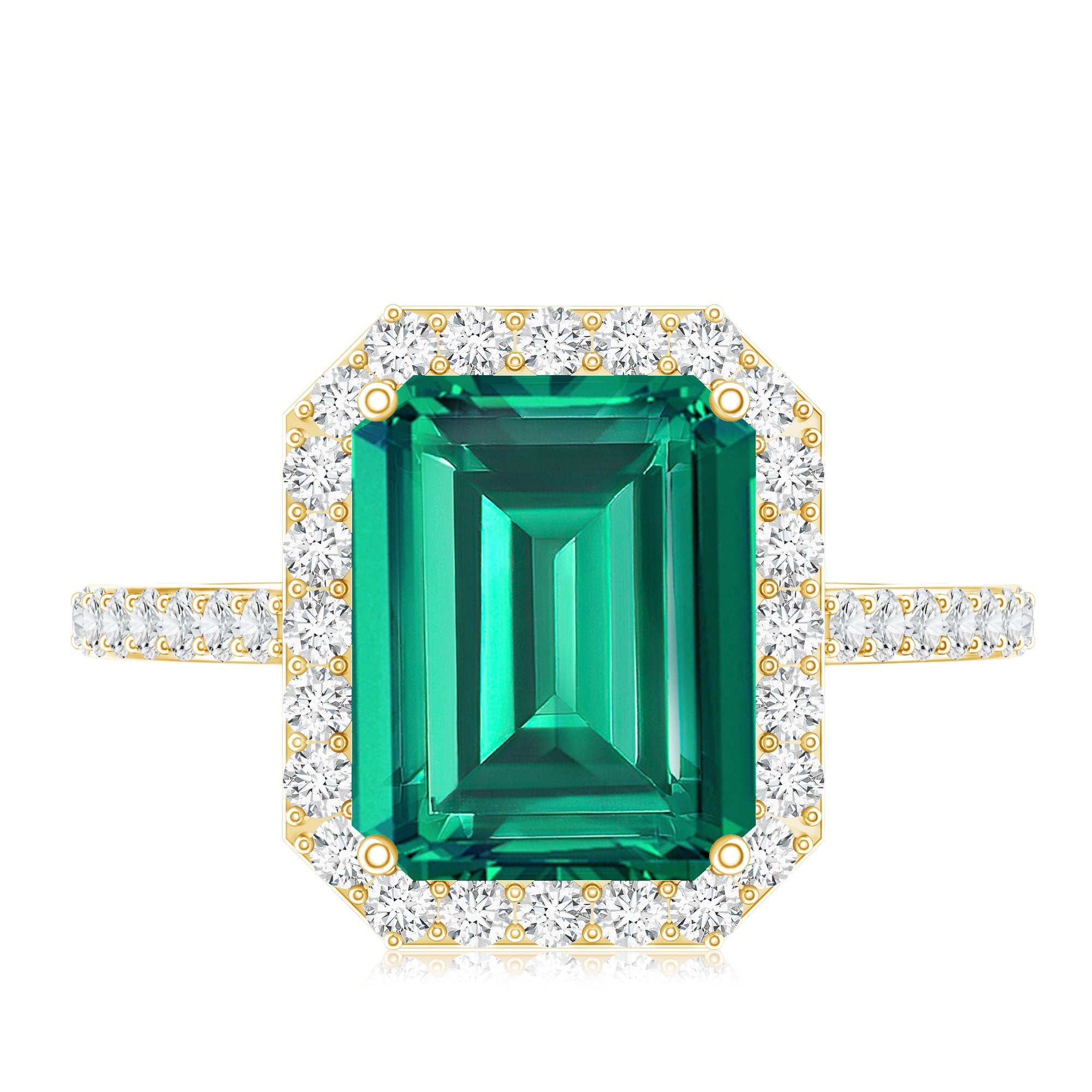 Lab Grown 3 Carat Emerald Cut Emerald Engagement Ring with Diamond Halo