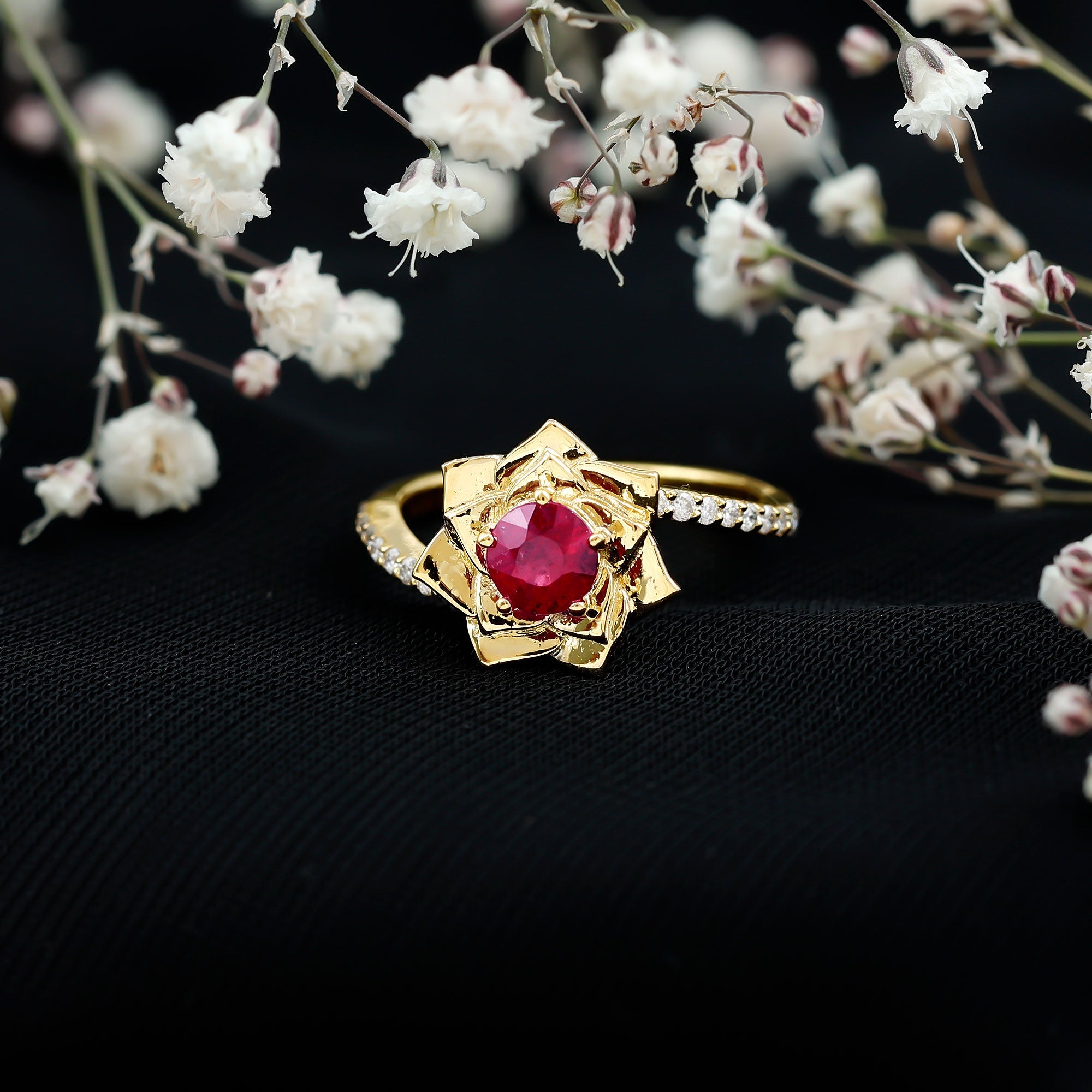 Natural 0.6 Carat Ruby Flower Engagement Ring with Diamond Bypass Shank