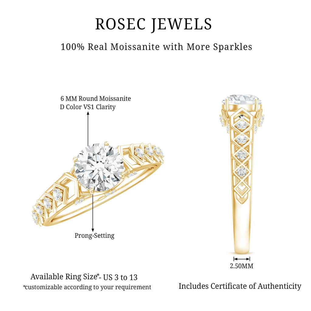 Round Cut Certified Moissanite Art Deco Engagement Ring