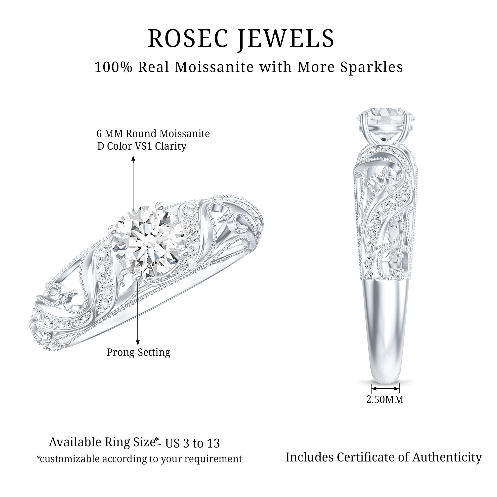 Vintage Inspired 0.98 Carat Moissanite Engagement Ring for Women
