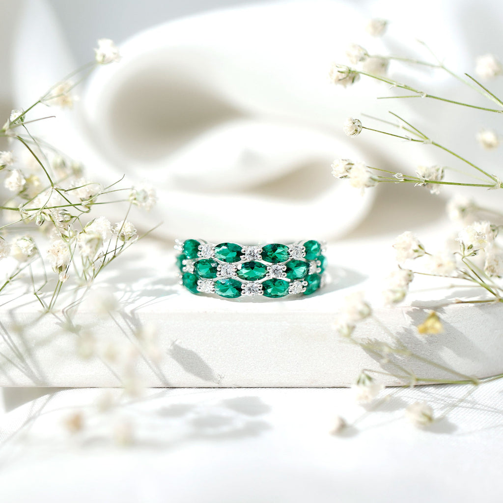 Oval Cut Lab Grown Emerald Statement Wedding Band with Diamond