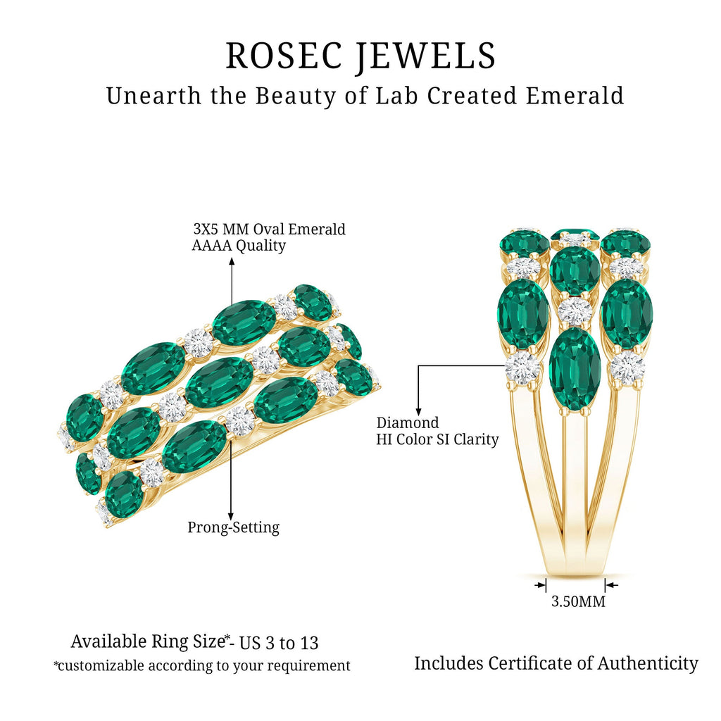 Oval Cut Lab Grown Emerald Statement Wedding Band with Diamond