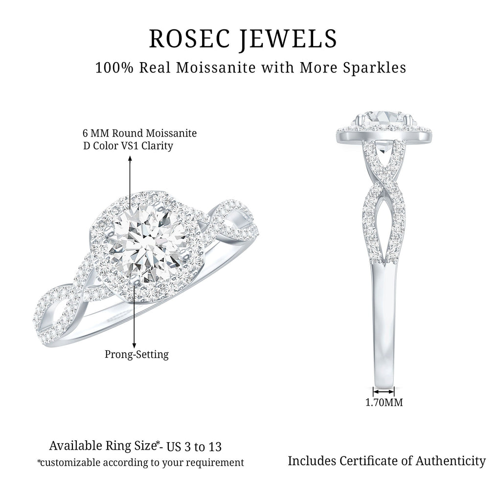 Certified Moissanite Halo Engagement Ring with Criss Cross Shank