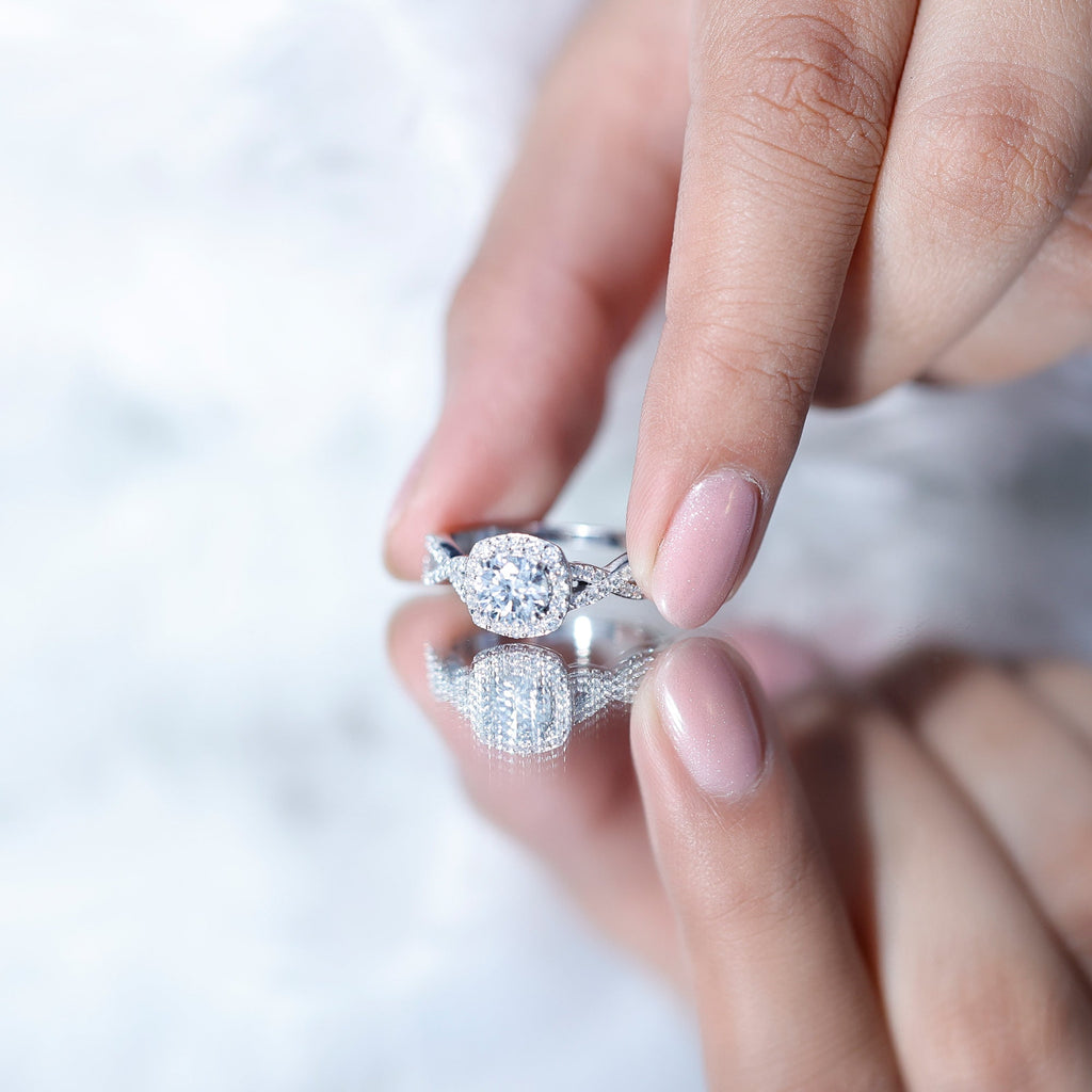 Certified Moissanite Halo Engagement Ring with Criss Cross Shank