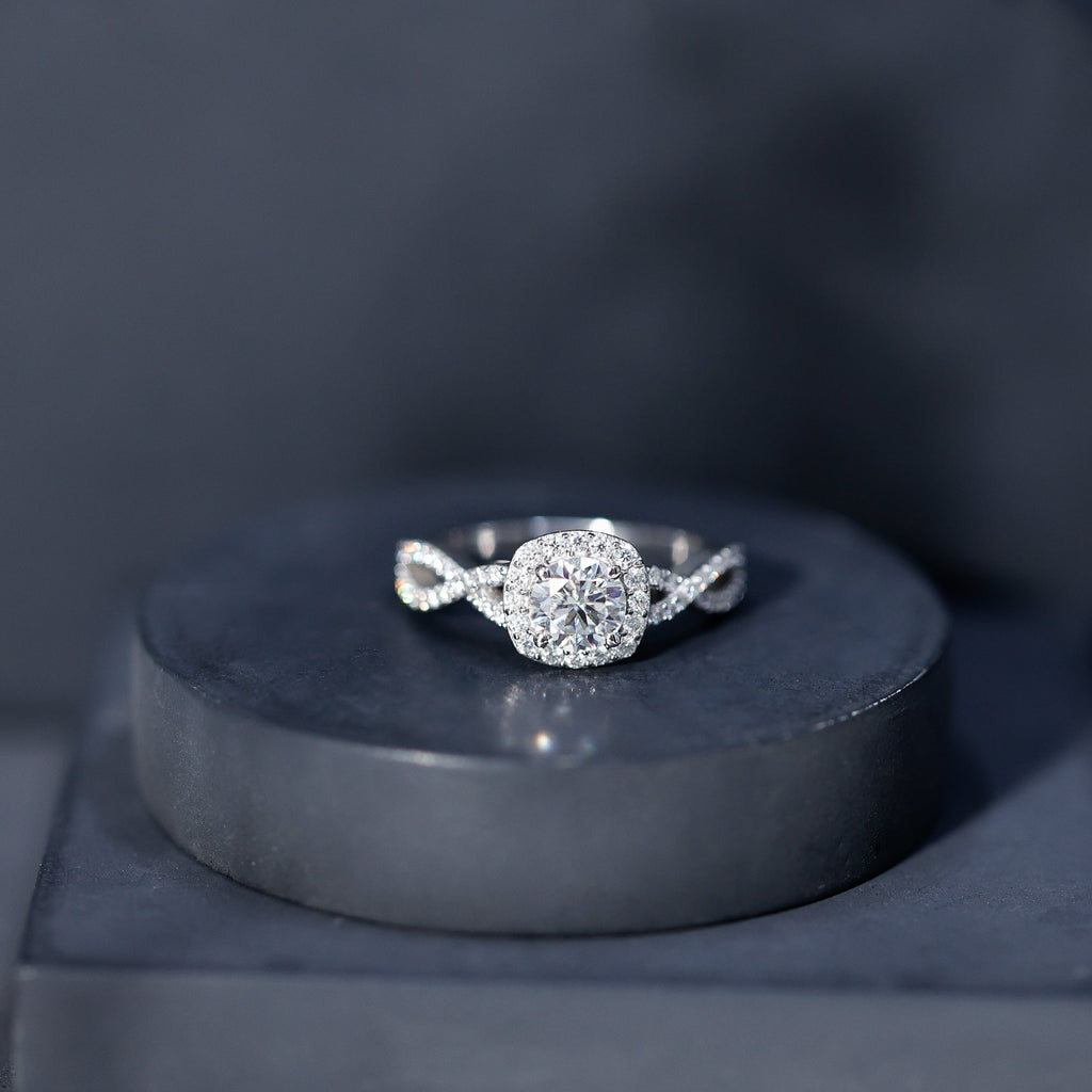 Certified Moissanite Halo Engagement Ring with Criss Cross Shank