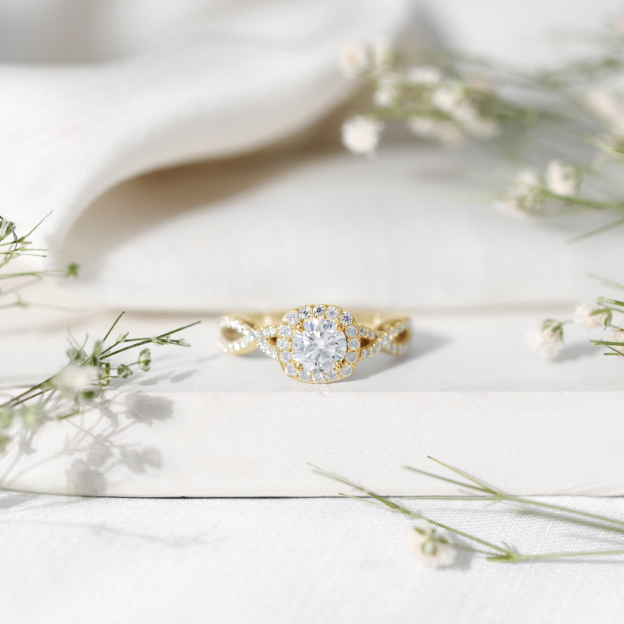 Certified Moissanite Halo Engagement Ring with Criss Cross Shank