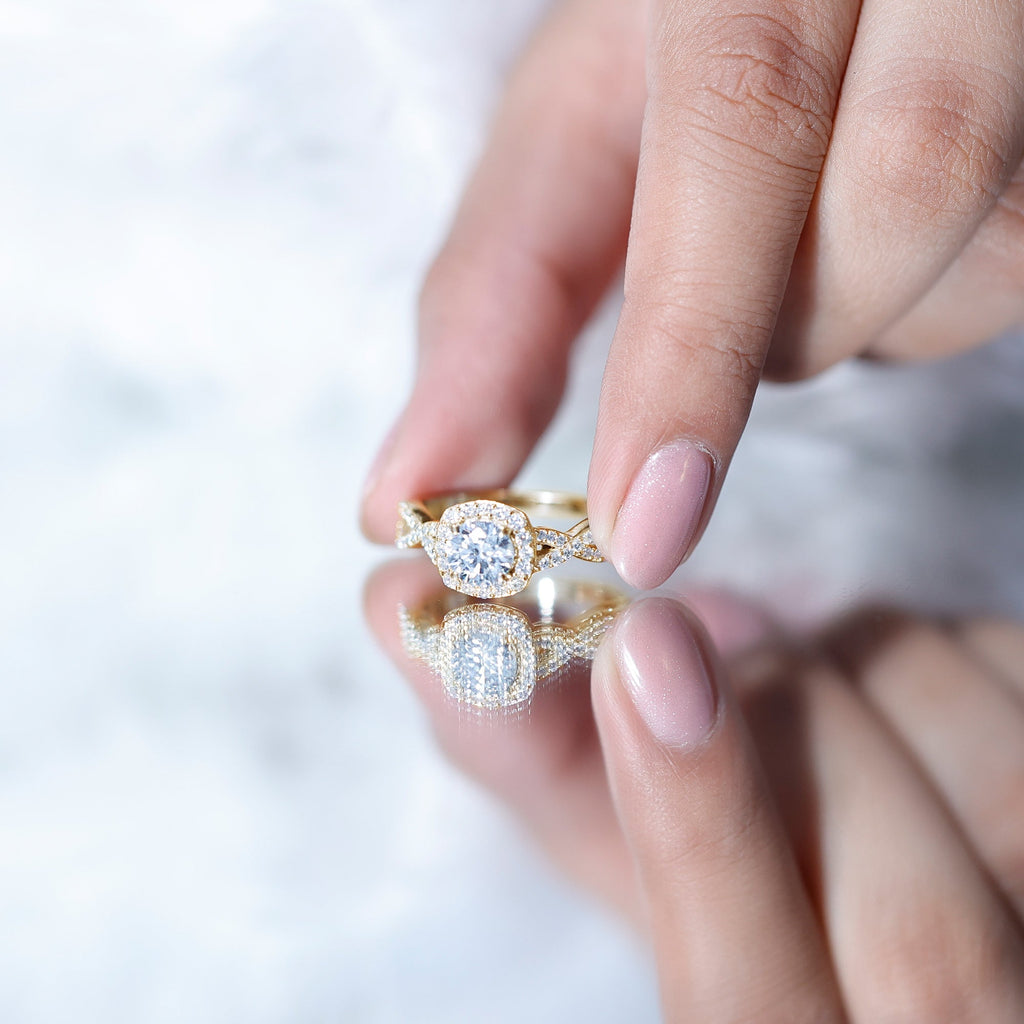 Certified Moissanite Halo Engagement Ring with Criss Cross Shank