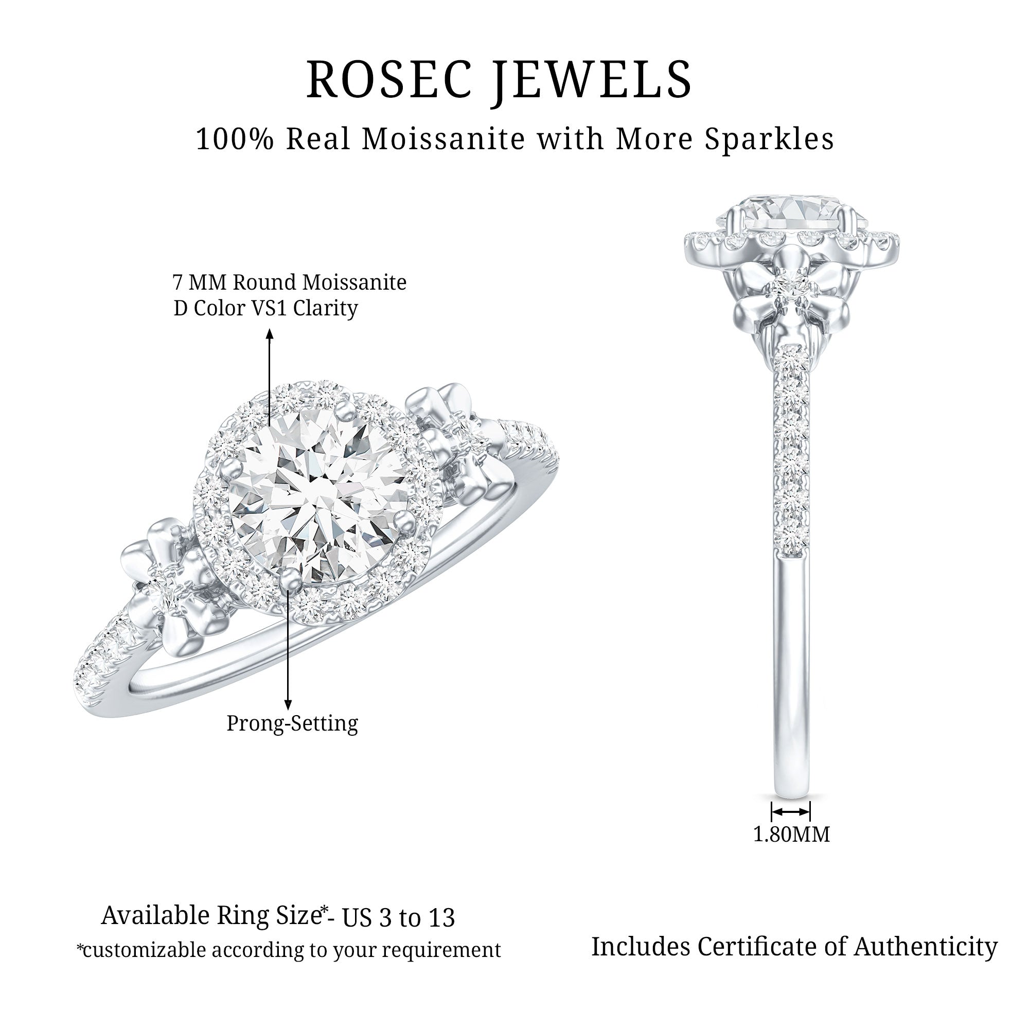 Certified 1.3 Carat Moissanite Floral Engagement Ring for Women