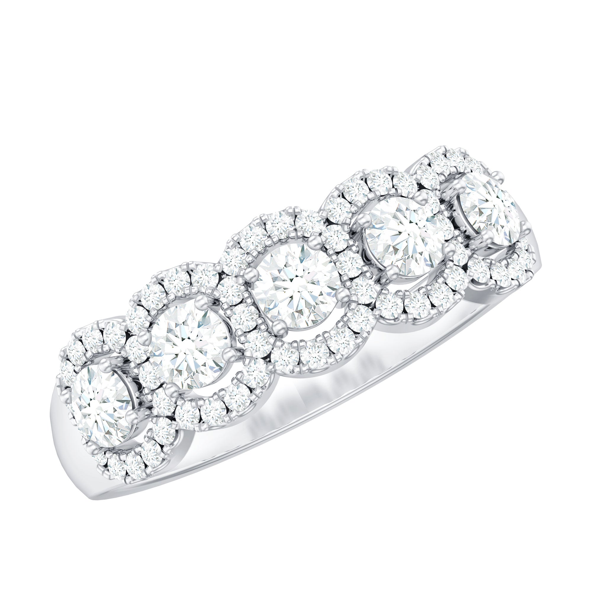 Round Cut Moissanite 5 Stone Anniversary Ring with Halo