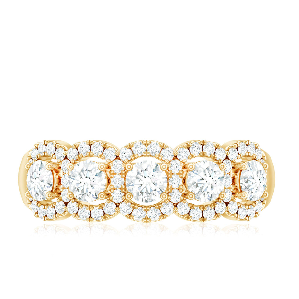 Round Cut Moissanite 5 Stone Anniversary Ring with Halo