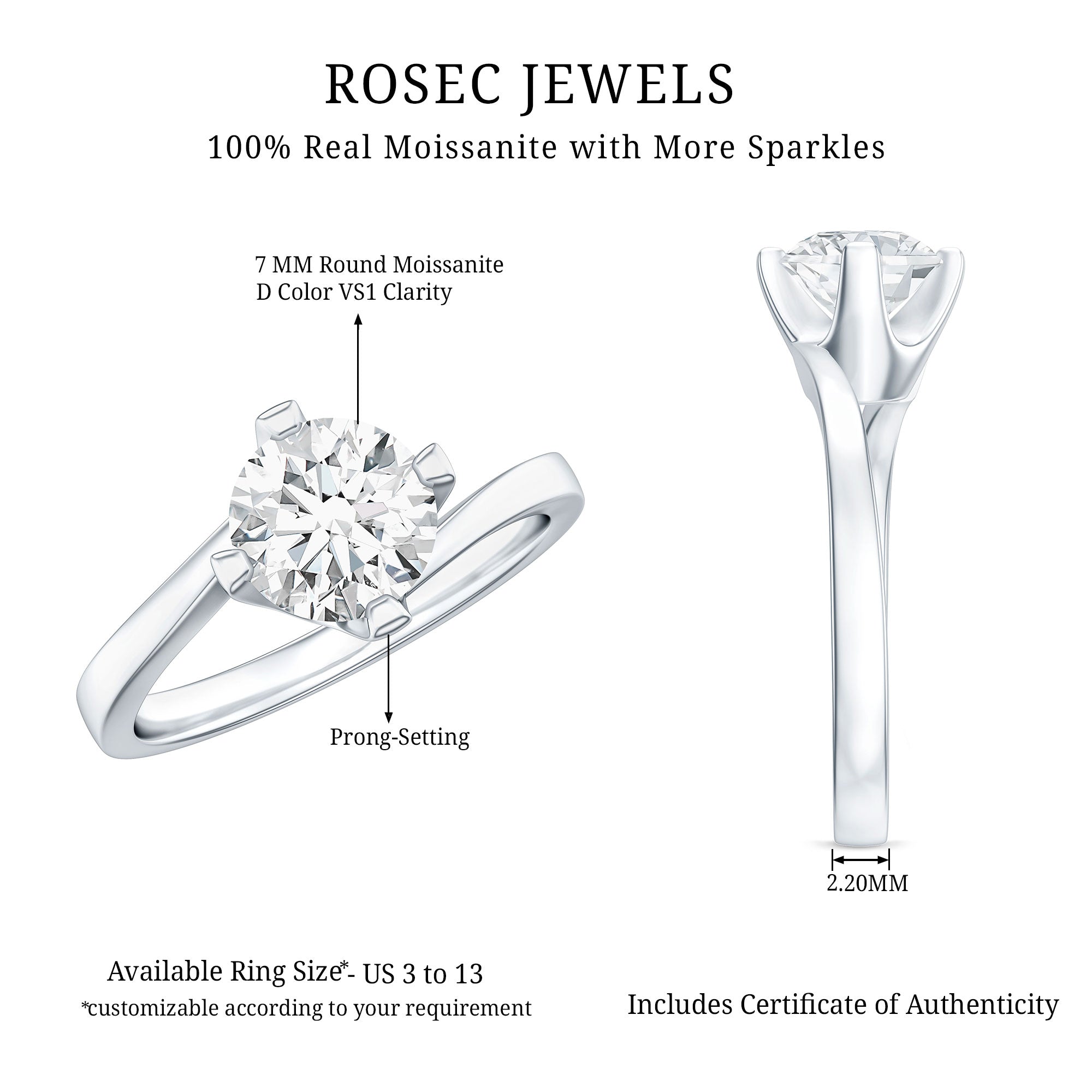 Certified Moissanite Solitaire Engagement Ring in Bypass Shank