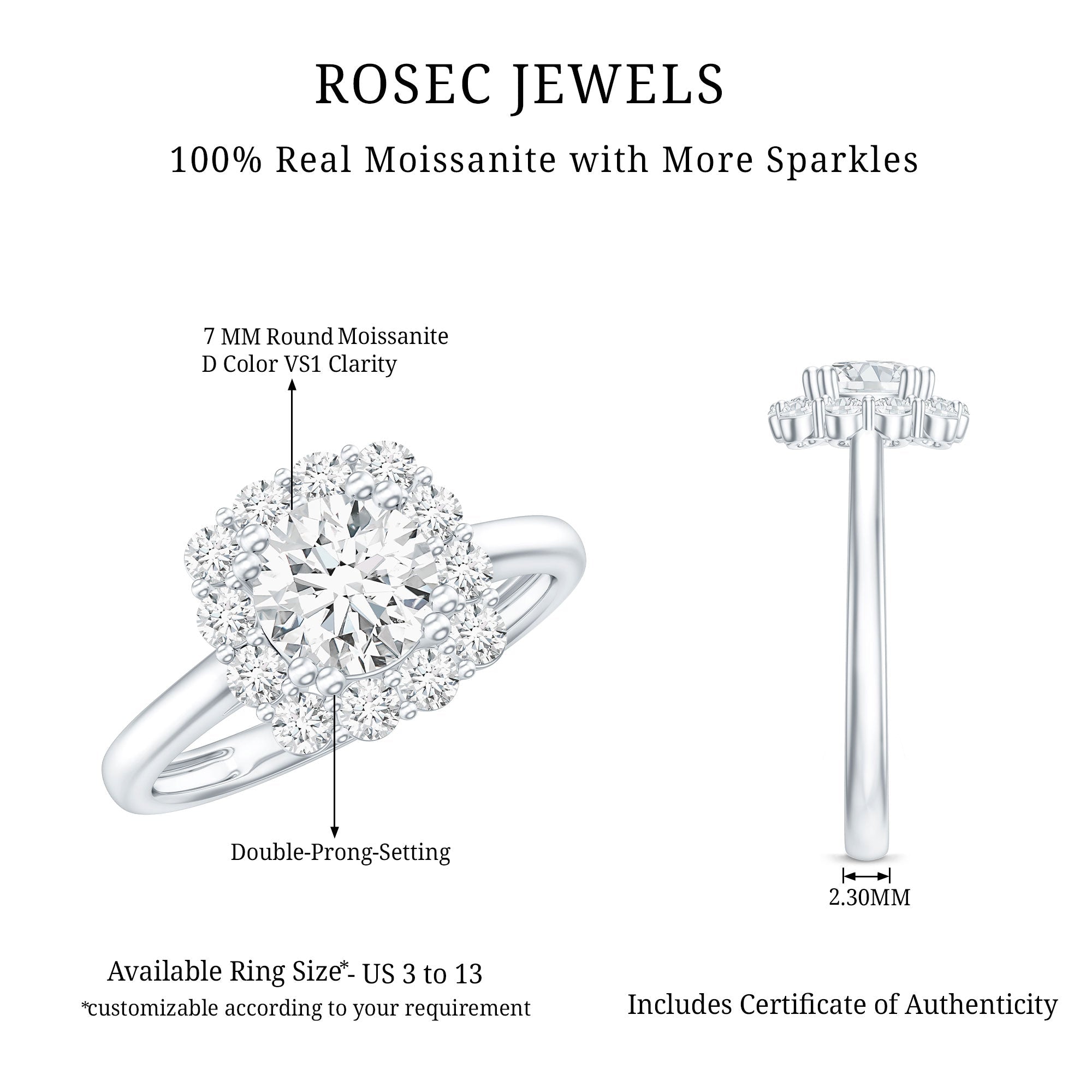 Classic Moissanite Halo Engagement Ring in Double Prong Setting