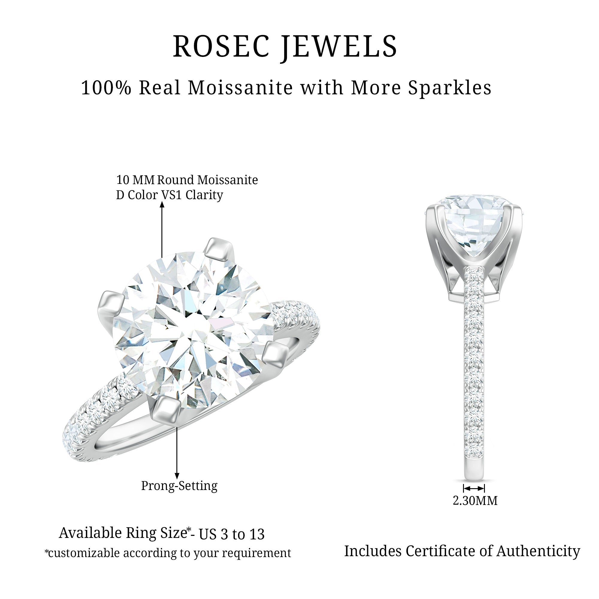 Round 4.4 Carat Moissanite Solitaire Engagement Ring with Side Stones