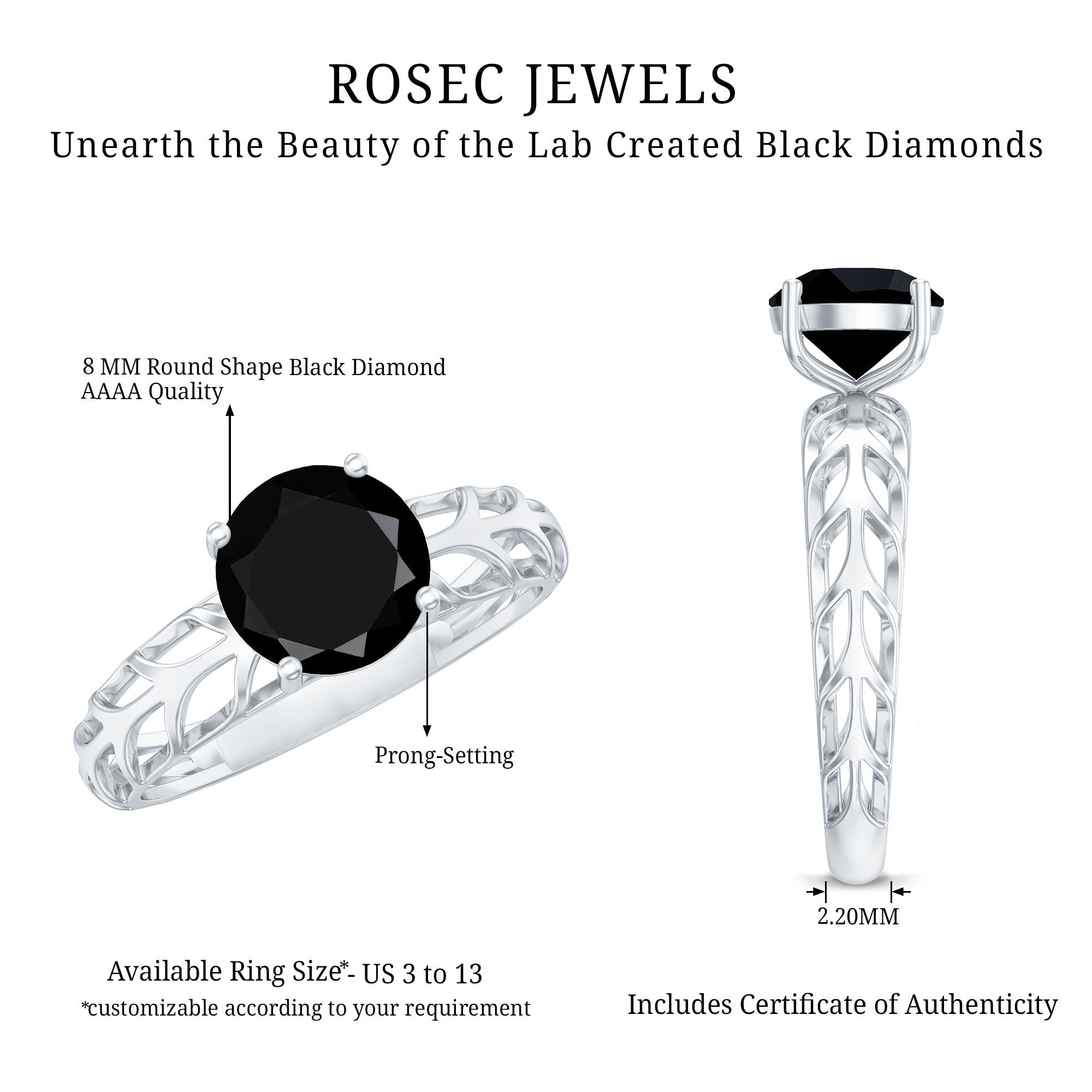 2 Carat Round Lab Grown Black Diamond Solitaire Engagement Ring