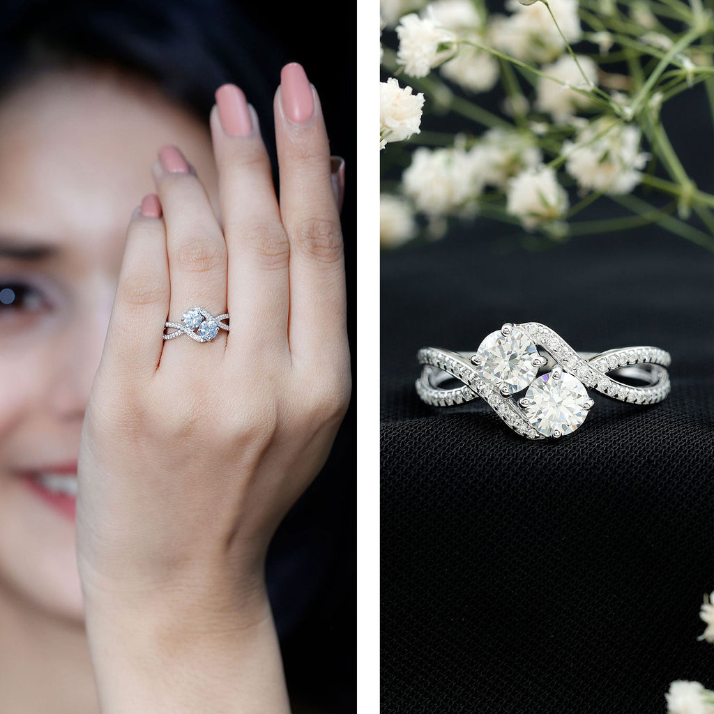 Certified Moissanite Two Stone Engagement Ring in Bypass Band
