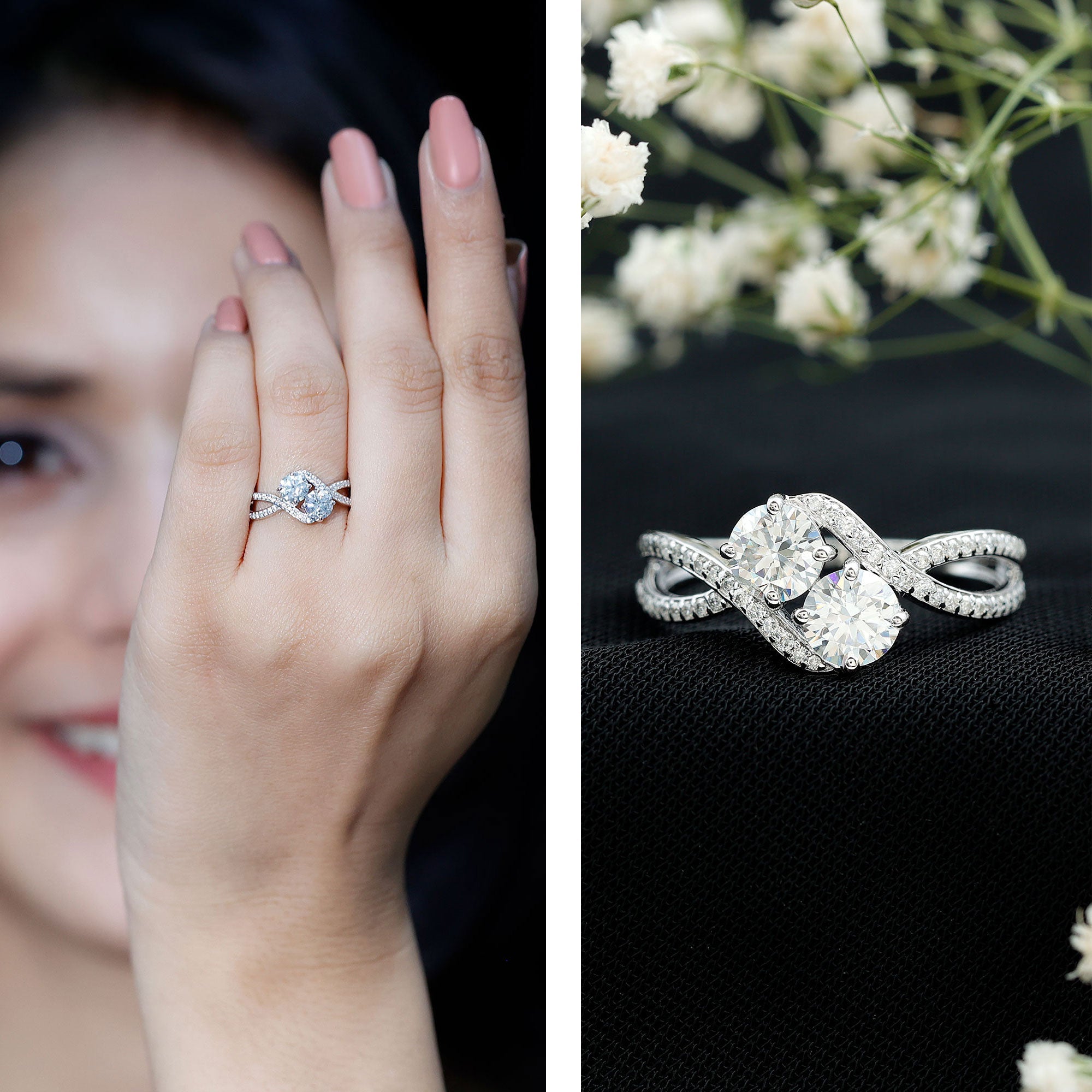 Certified Moissanite Two Stone Engagement Ring in Bypass Band