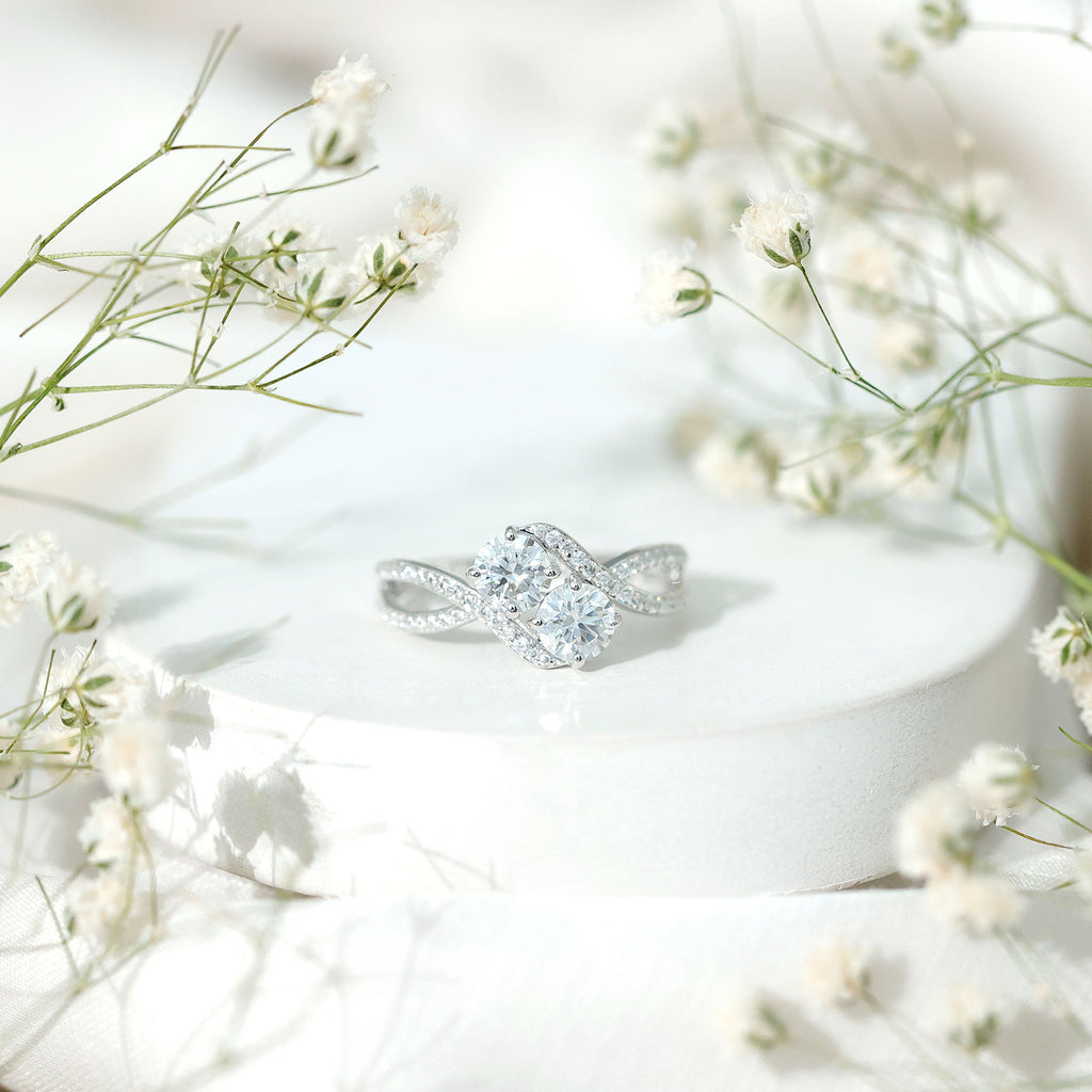 Certified Moissanite Two Stone Engagement Ring in Bypass Band