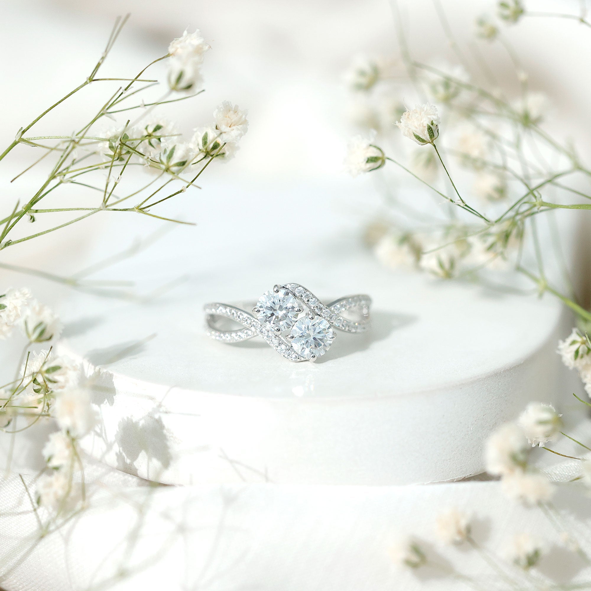 Certified Moissanite Two Stone Engagement Ring in Bypass Band