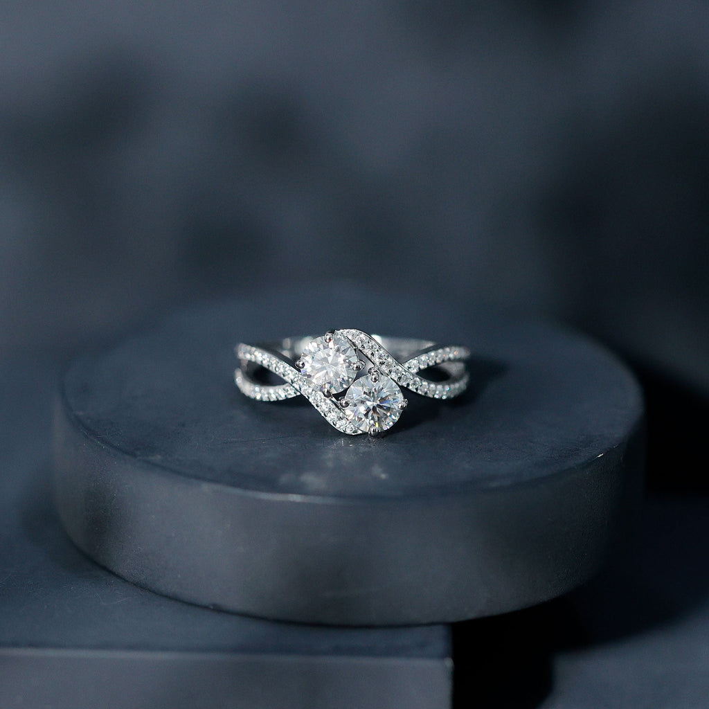 Certified Moissanite Two Stone Engagement Ring in Bypass Band