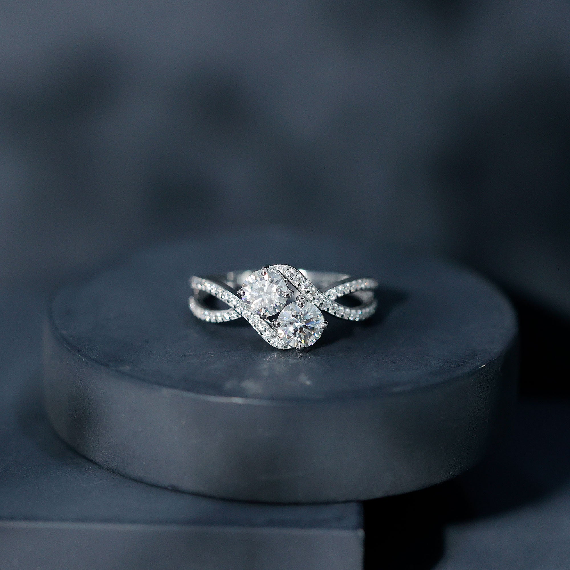 Certified Moissanite Two Stone Engagement Ring in Bypass Band