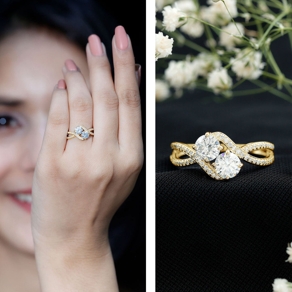 Certified Moissanite Two Stone Engagement Ring in Bypass Band