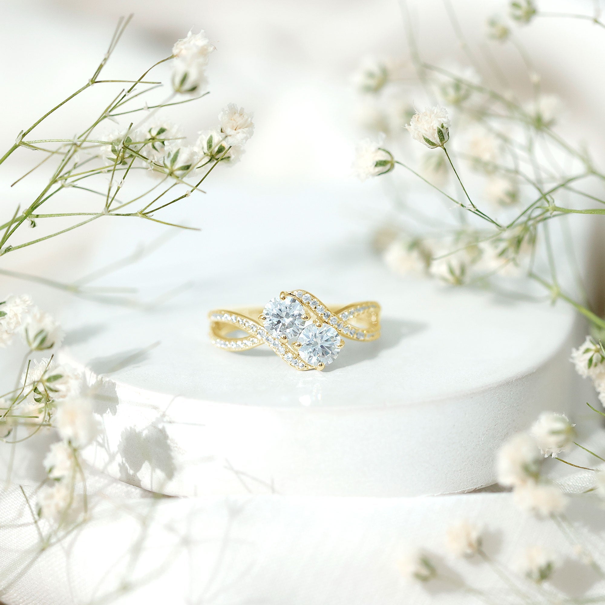Certified Moissanite Two Stone Engagement Ring in Bypass Band