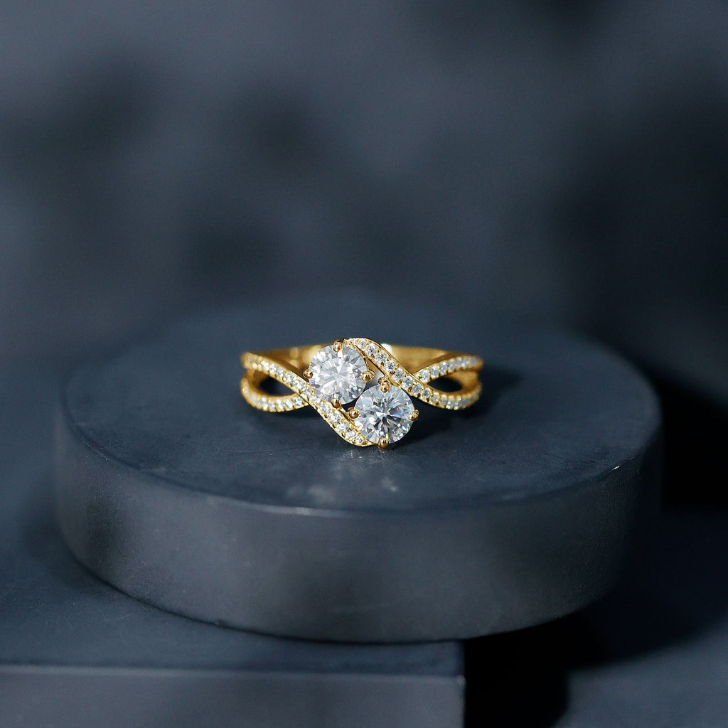 Certified Moissanite Two Stone Engagement Ring in Bypass Band