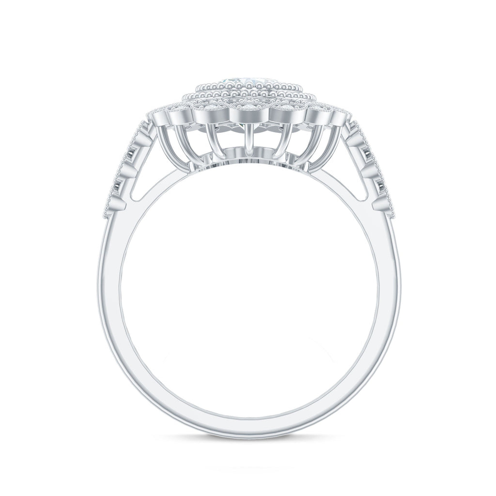 Oval Moissanite Retro Engagement Ring in Beaded Bezel Setting