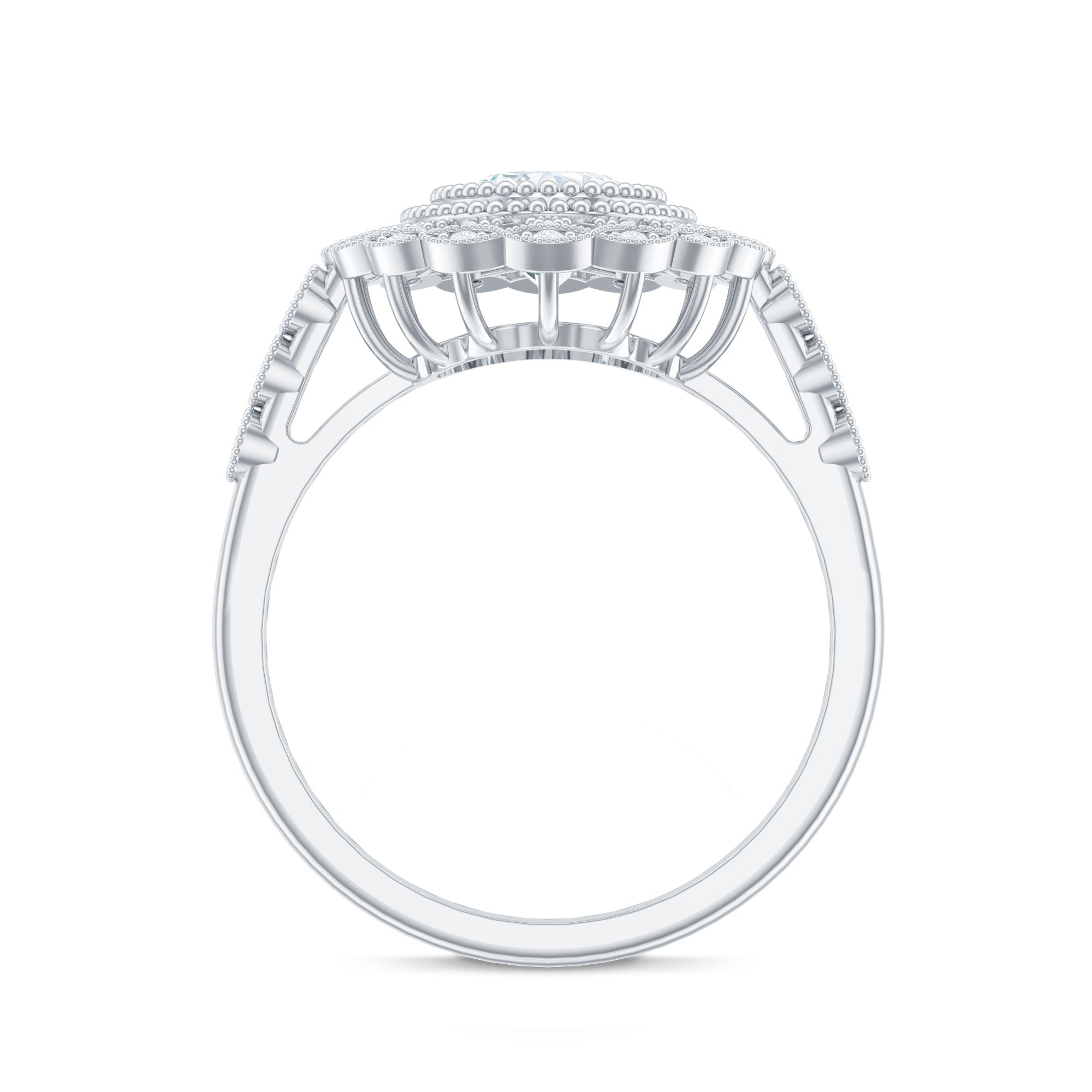 Oval Moissanite Retro Engagement Ring in Beaded Bezel Setting
